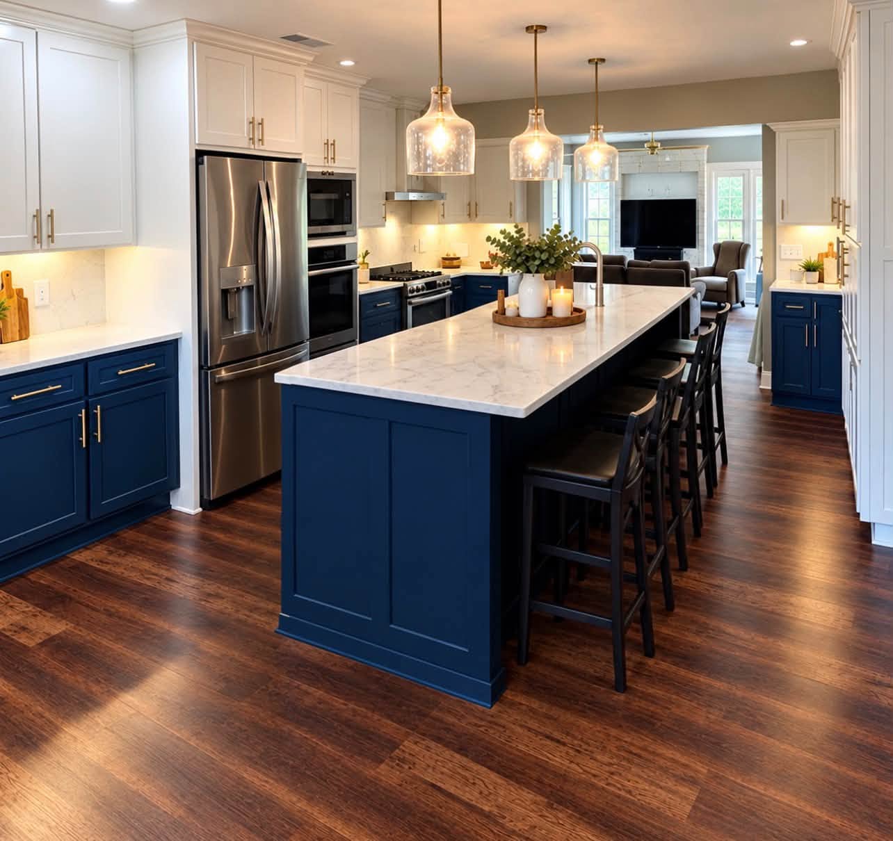 Revive interior design project: a light-filled kitchen with white cabinetry, deep blue island, stone surfaces and statement pendant lighting